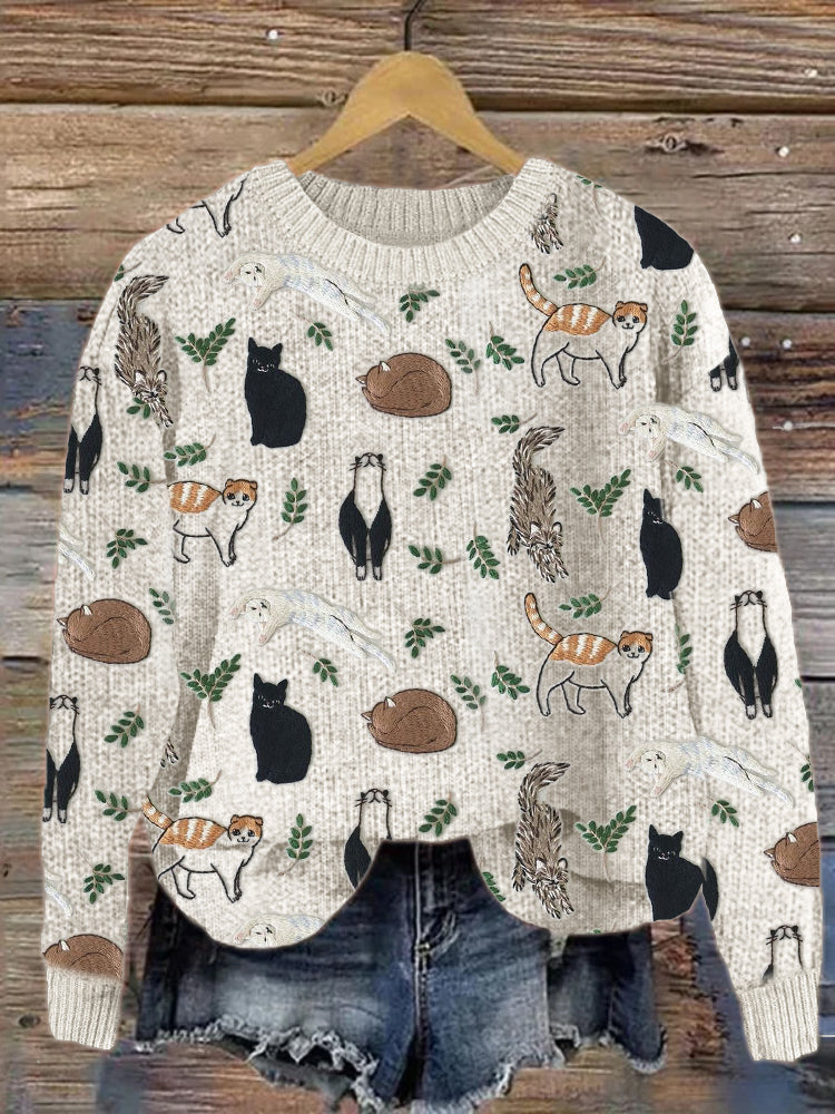 Cats & Leaves Embroidery Pattern Cozy Knit Sweater