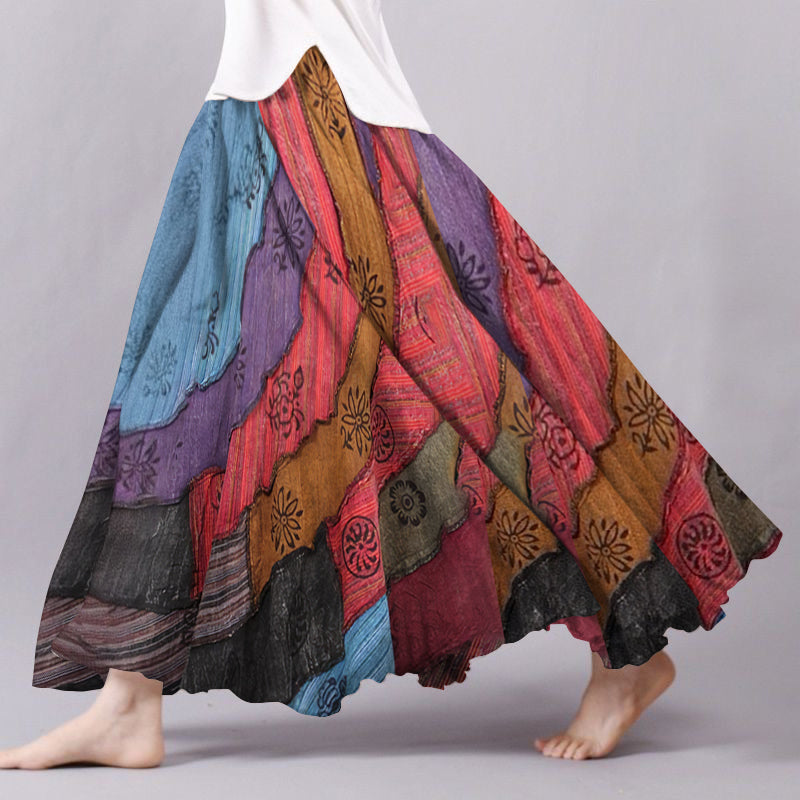 Vintage Color Block Flowy Wide Skirt elevenforest