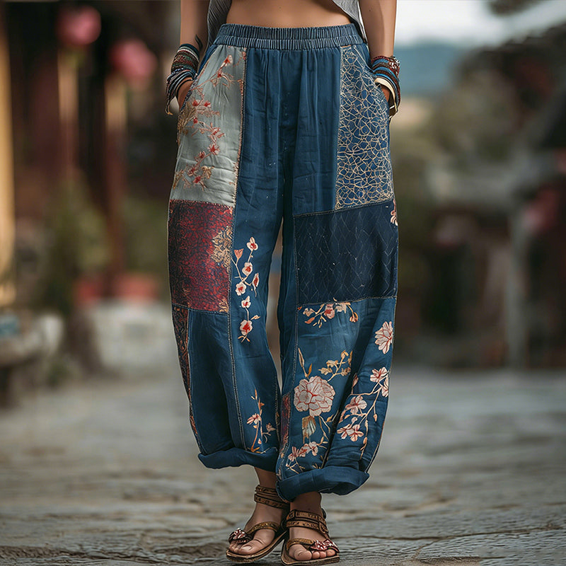 Women's Japanese Sashiko And Floral Pattern Linen Pants elevenforest
