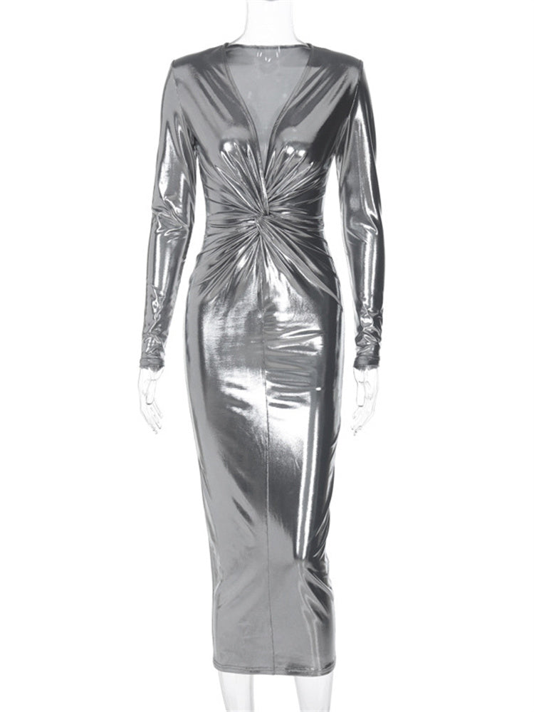 Tossy V-neck Pleated Maxi Dress Female Slim High Waist Long Sleeve Party Looks Dress Patchwork Long Dress