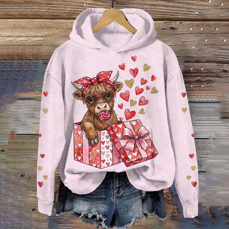 Comstylish Women's Valentine's Day Highland Cow Print Long Sleeve Casual Hoodie