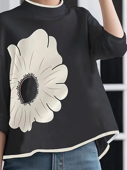 A-line High-low Flower Print Mock Neck T-shirts Tops