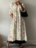Women's Retro Paisley Floral Print Pocket V-neck Cotton Dress