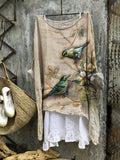 Comstylish Japanese Embossed Bird & Flower Linen Blend Tunic