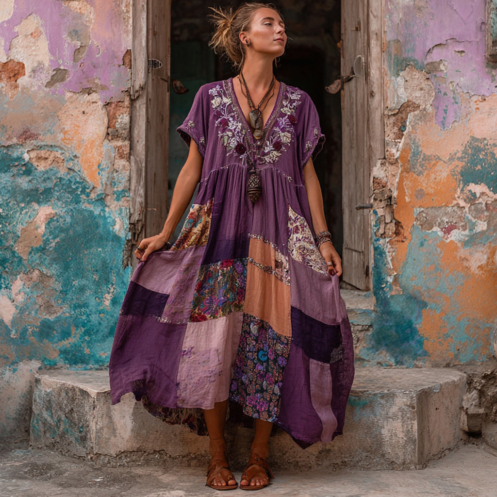 Women's Patchwork Floral Print V-neck Short-sleeved Bohemian Midi Dress elevenforest