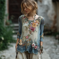 Women's Vintage Floral Wave Embroidery Pattern Crew Neck Shirt elevenforest