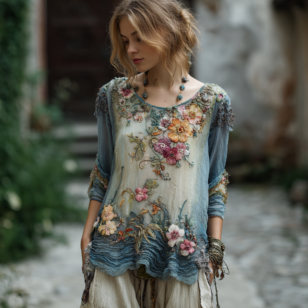 Women's Vintage Floral Wave Embroidery Pattern Crew Neck Shirt elevenforest