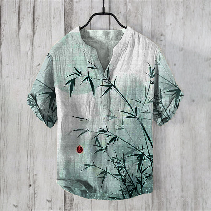 Men's Vintage Japanese Art Bamboo Leaf V Neck Casual Linen Blend Shirt elevenforest