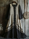 Vintage Classy Black Lace Contrast Patchwork Linen Maxi Dress elevenforest