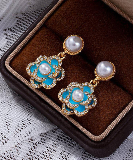 Chinese Style Blue Alloy Zircon Pearl Turquoise Camellia Flower Drop Earrings