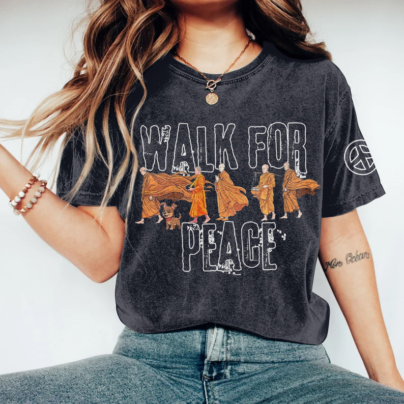Comstylish Women's Walk For Peace Monks With Aloka Dog Print Washed T-shirt
