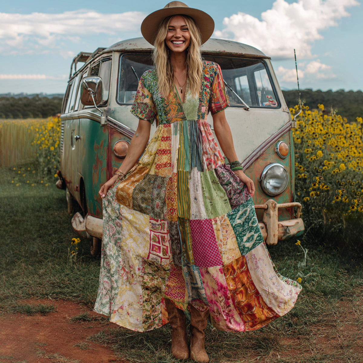 Countryside Style Collection Classy Patchwork Floral Pattern Art Linen Maxi Dress elevenforest