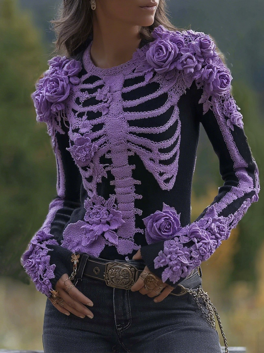 Women's Halloween Skeleton Bones With Roses Art Knitted Warm Sweater artswardrobe