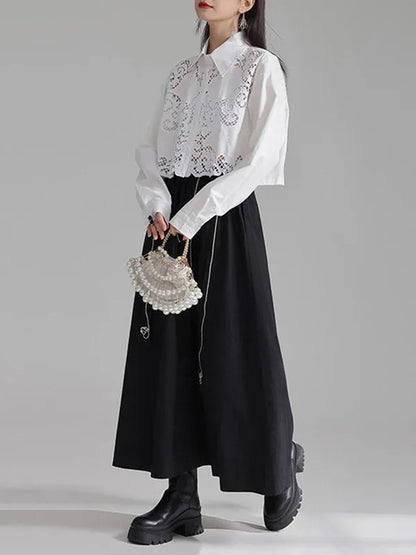 Long Sleeves Loose Buttoned Hollow Color Lapel Blouses&shirts Tops