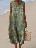 Vintage Floral Art Linen And Cotton V Neck Tank Dress elevenforest