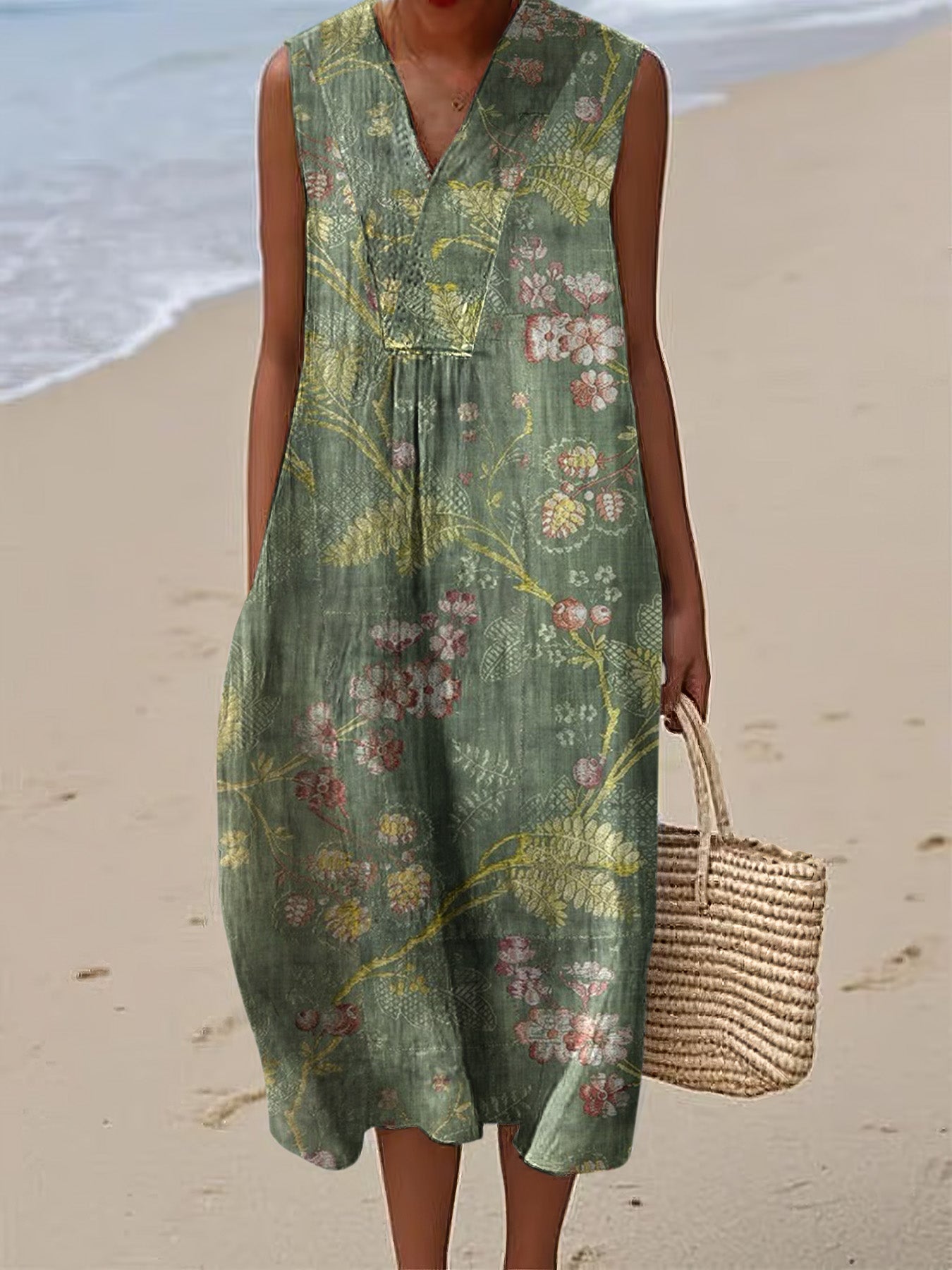 Vintage Floral Art Linen And Cotton V Neck Tank Dress elevenforest