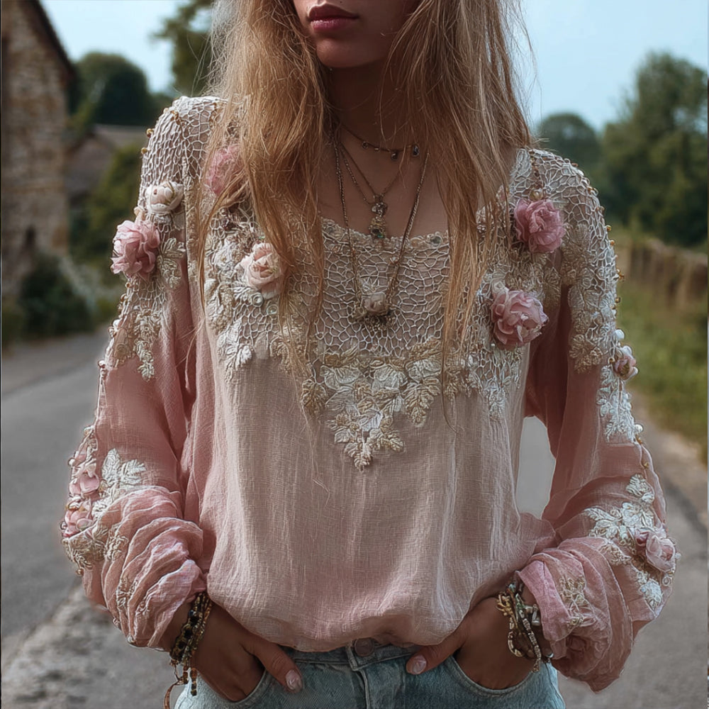 Women's Three-dimensional Flower Pattern Light Pink Vintage Casual Long-sleeved Top elevenforest