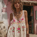 Pink Rose Embroidery Crew Neck Linen Blend Tank Top elevenforest