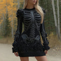 Comstylish Women's Halloween Skeleton Flower Art Embroidery Cozy Knit Mini Sweater Dress