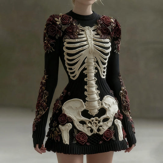 Comstylish Women's Vintage Rose Skull Cozy Knit Mini Sweater Dress