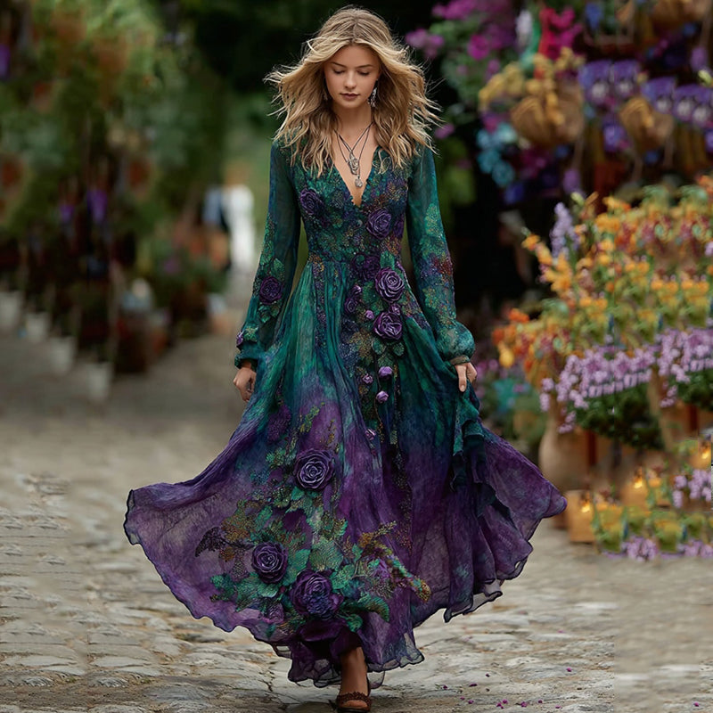 Women's Vintage Purple Rose Gradient Art Long Sleeve Dress elevenforest