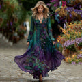 Women's Vintage Purple Rose Gradient Art Long Sleeve Dress elevenforest