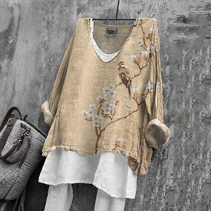 Women's Japanese Floral & Birds Art V-neck Linen Blend T-shirt elevenforest