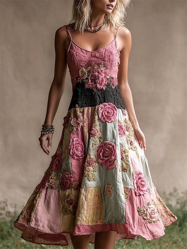 Vintage Pink Roses Cottage Floral Patchwork Linen Dress elevenforest