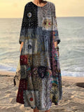 Vintage Stitching Geometric Pattern Women's Linen Maxi Dress elevenforest