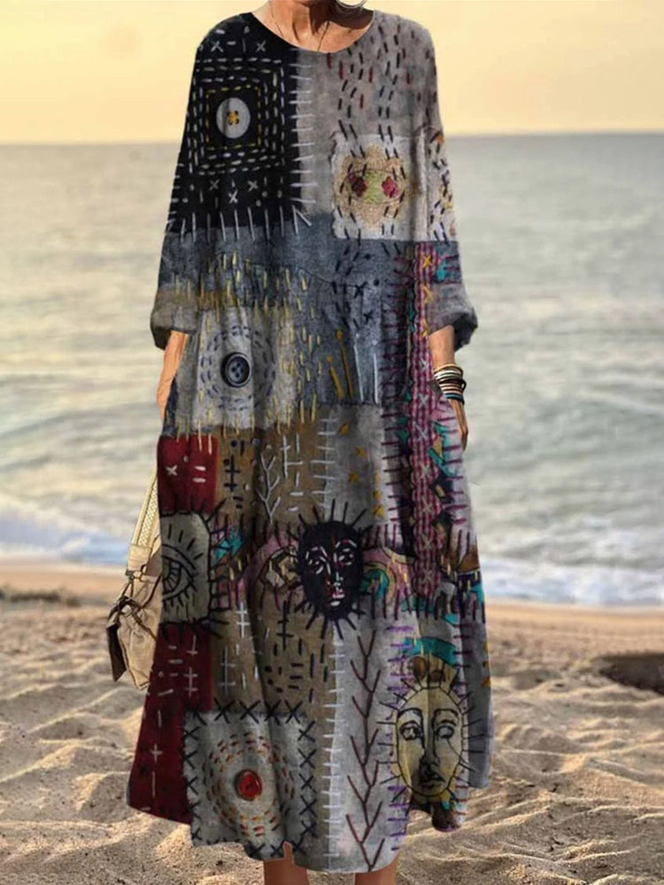 Vintage Stitching Geometric Pattern Women's Linen Maxi Dress elevenforest