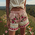 Women's Patchwork Rose Floral Waist Drawstring Pocket Shorts elevenforest