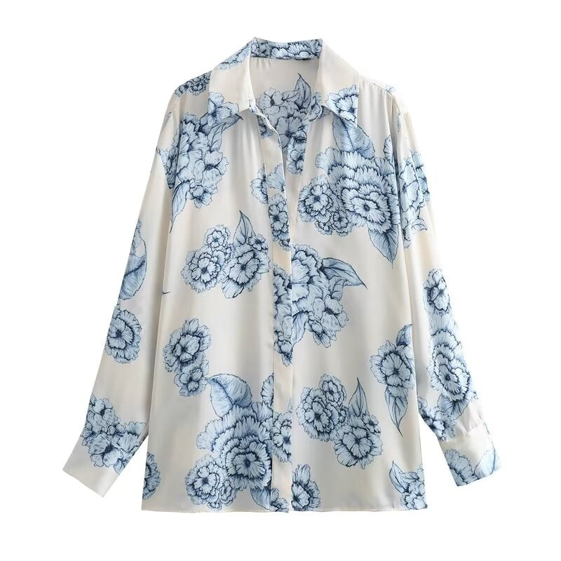 ’s Print Satin Blouse With Collared Long Sleeves – Shirt for
