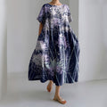 Comstylish Women's Japanese Chrysanthemum Art Short Sleeve Midi Dress