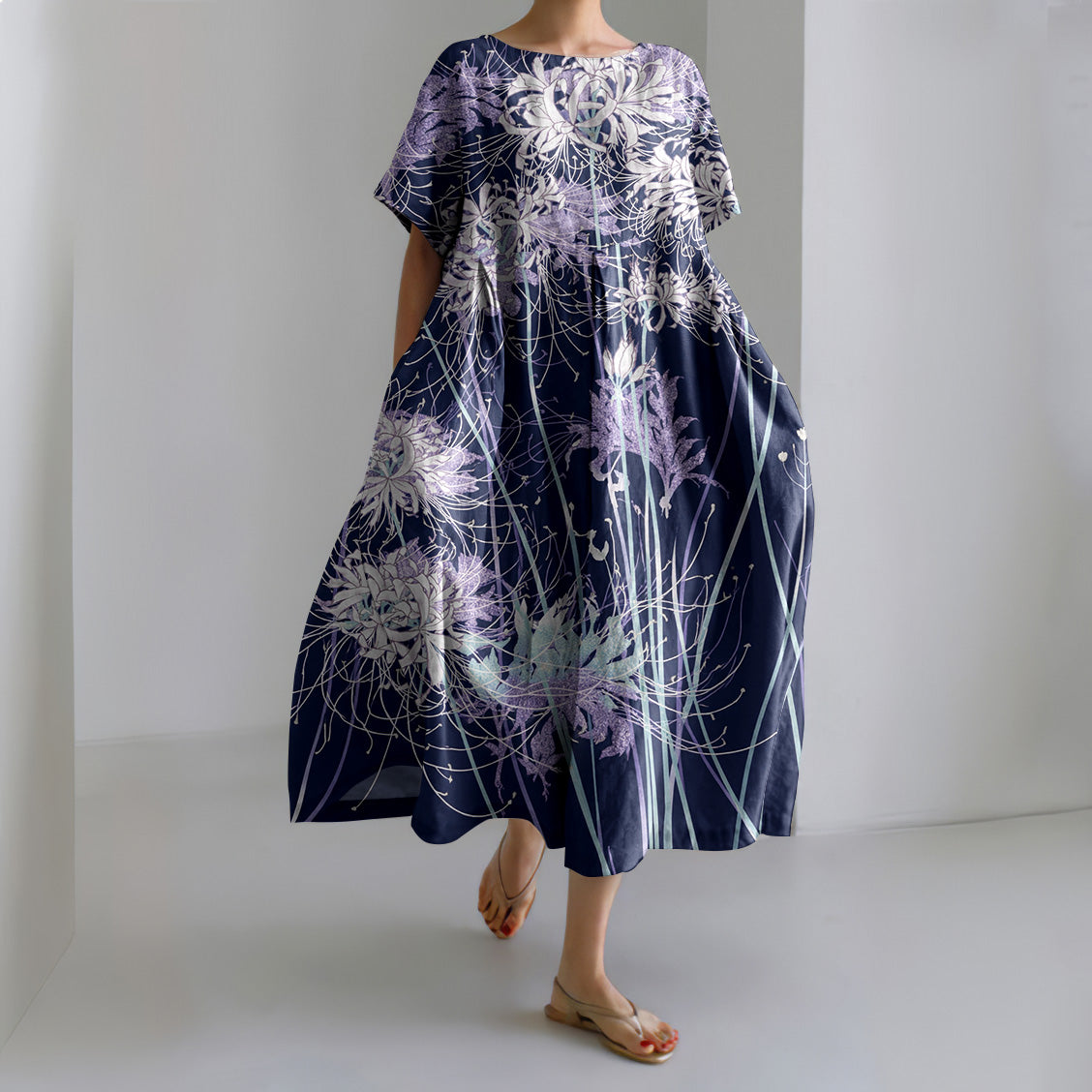Comstylish Women's Japanese Chrysanthemum Art Short Sleeve Midi Dress