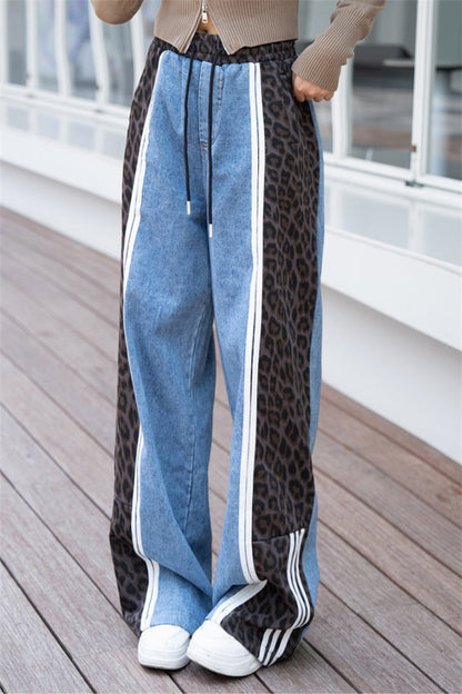 Leopard Print Patchwork High Waist Straight Denim Jeans