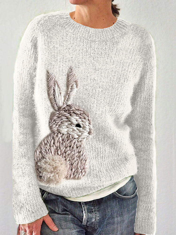 Cute Bunny Embroidery Art Cozy Knit Sweater artswardrobe
