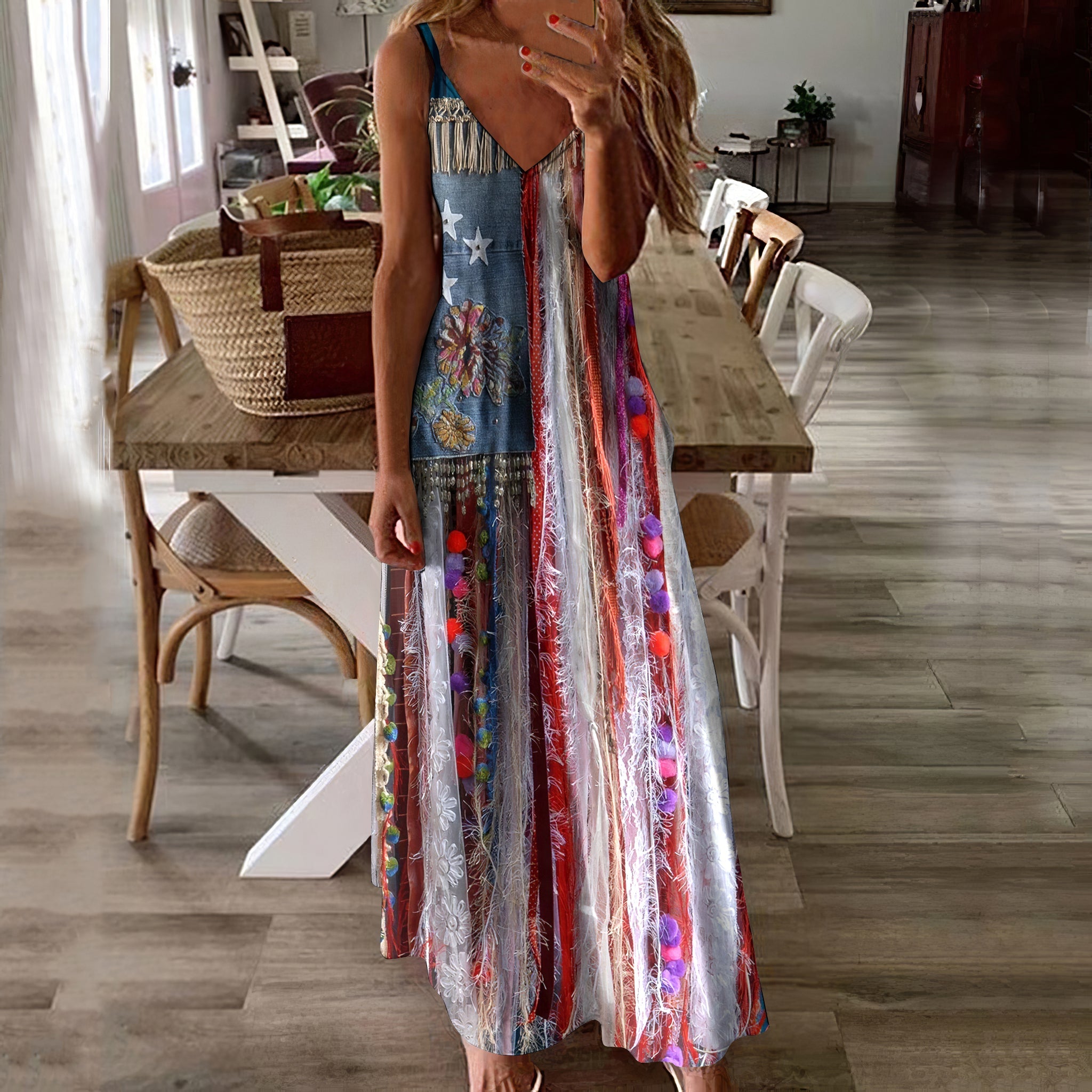 Women's Vintage Independence Day Flag Floral Pattern Suspender Dress elevenforest