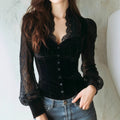 Comstylish Sexy V-neck Lace-trimmed Long-sleeve Blouse