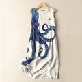 Vintage Japanese Octopus Art Print Sleeveless Cotton And Linen Midi Dress elevenforest