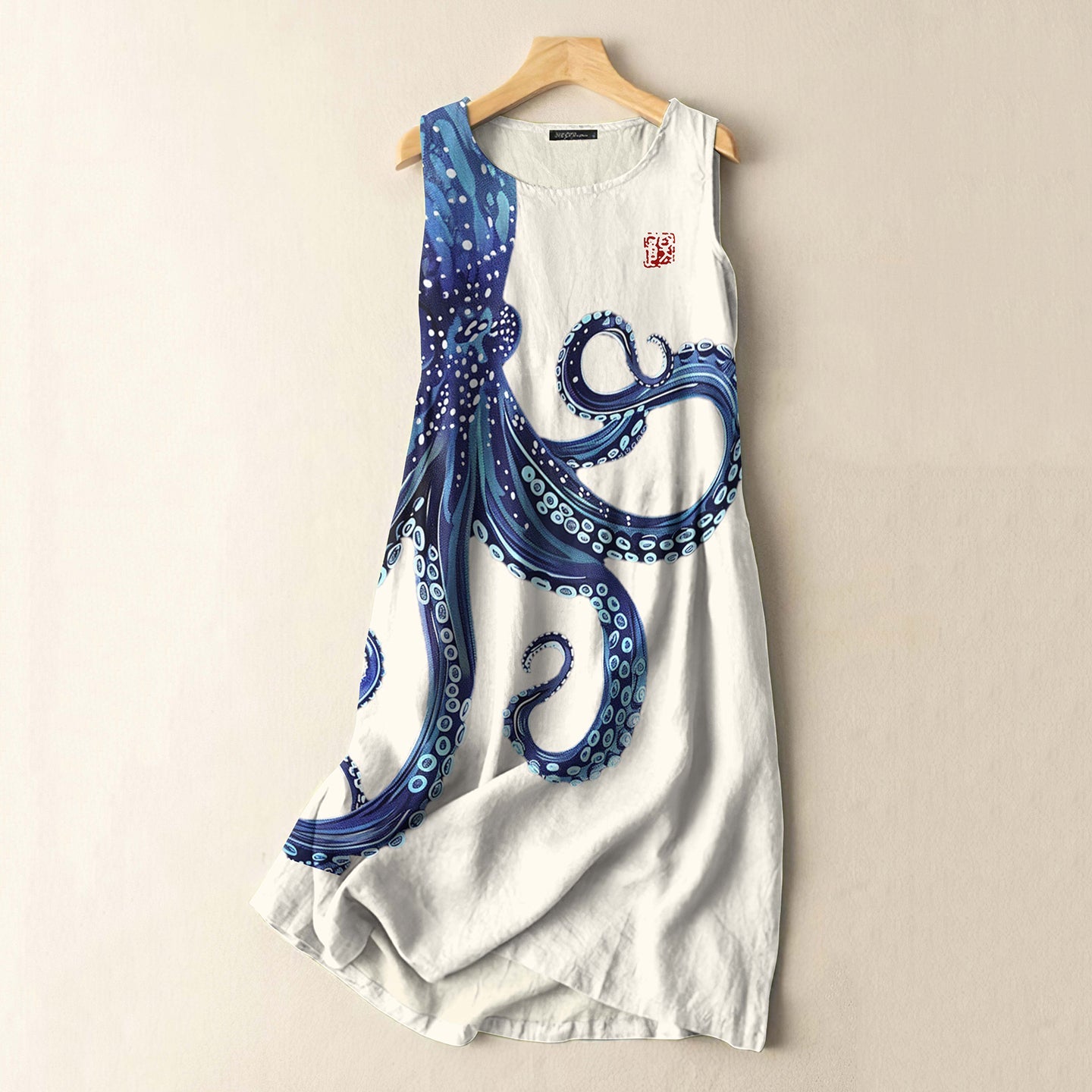 Vintage Japanese Octopus Art Print Sleeveless Cotton And Linen Midi Dress elevenforest