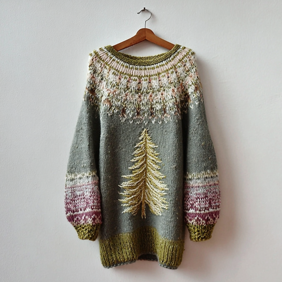 Ladies' Christmas Tree Pattern Design, Autumn And Winter Stretchy And Warm Knit Sweater Dress artswardrobe