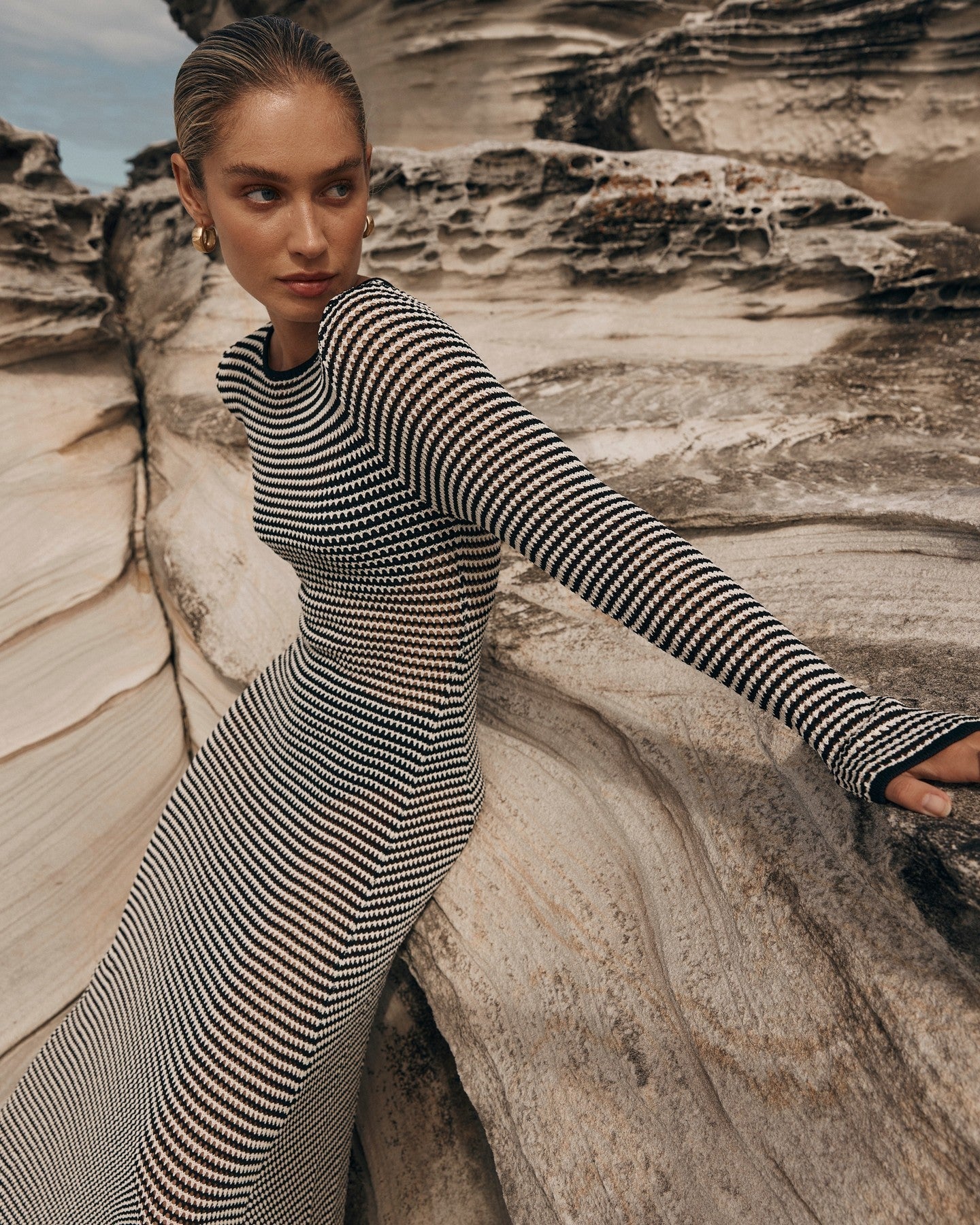Mesh Striped Beach Vacation Maxi Dress Hollow Out Cutout Blouse Summer