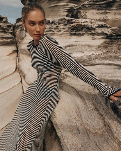 Mesh Striped Beach Vacation Maxi Dress Hollow Out Cutout Blouse Summer