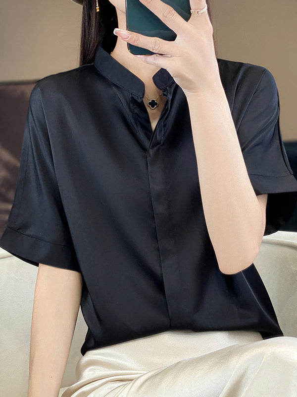 Loose Short Sleeves Buttoned Color Stand Collar Blouses&shirts Tops