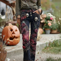 Rose And Skull Embroidered Halloween Gothic Rock Jeans elevenforest