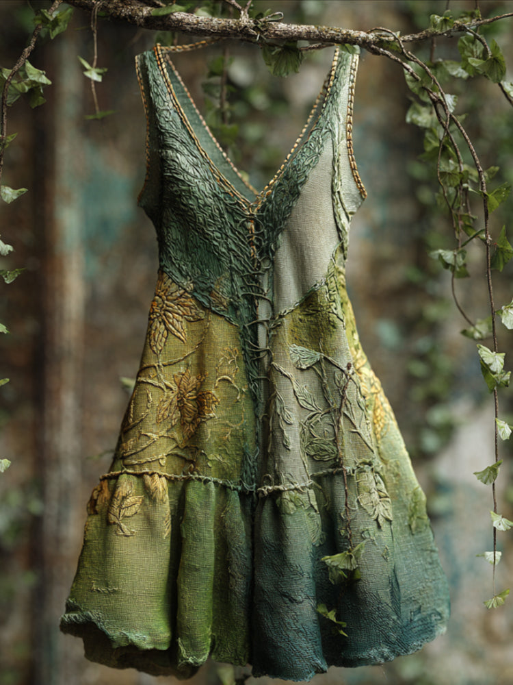 Bohemian Style Vines Embroidery V-neck Sleeveless Green A-line Skirt elevenforest