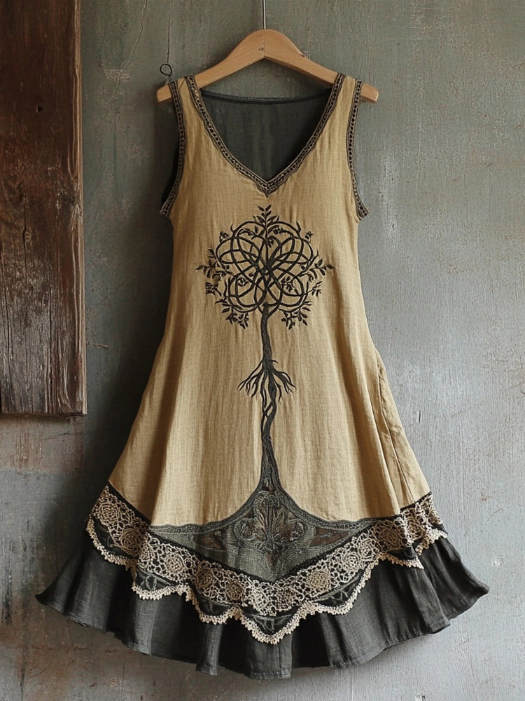 Viking Celtic Tree Of Life Patchwork Linen Tank Dress elevenforest