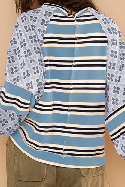 Striped Print Flowers Contrast O Neck Hoodies