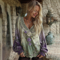 Vintage Classic Purple Lavender And Floral Embroidered Linen V Neck Long Sleeve Shirt elevenforest