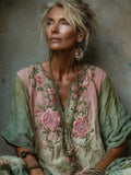 Vintage Pink Roses Embroidered Gradient Linen Shirt elevenforest